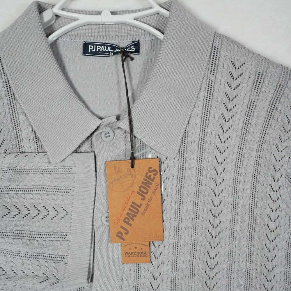 PJ PAUL JONES Men's Grey Knit Button Down Short‎ Sleeve Polo Shirt Textured M
